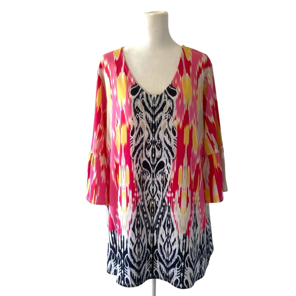 JM Collection 2X Pink and Yellow Blouse with V-Neck and Bell Sleeves. NWT